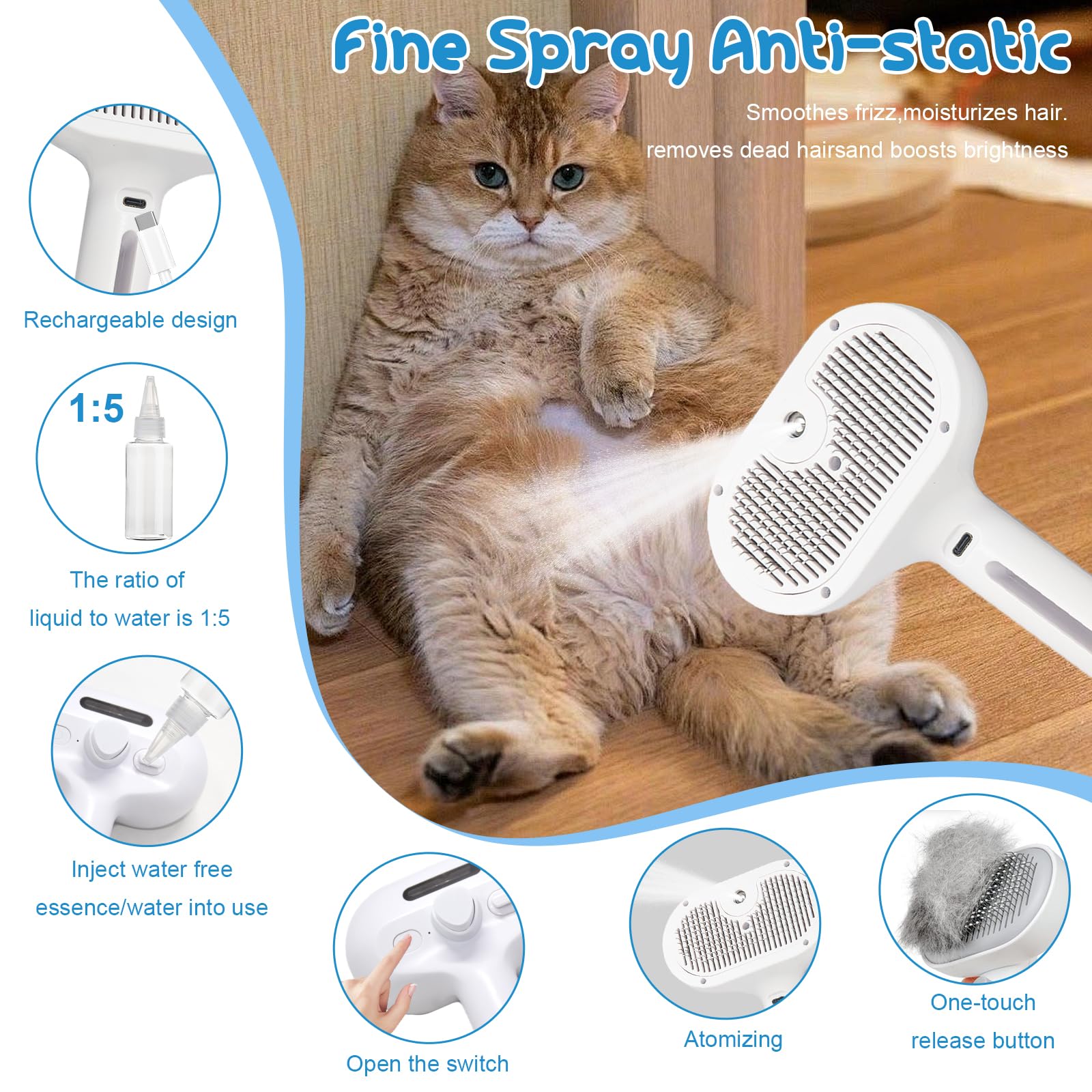 Steam Brush For Cats & Dogs, Cool Mist Self-Cleaning Comb