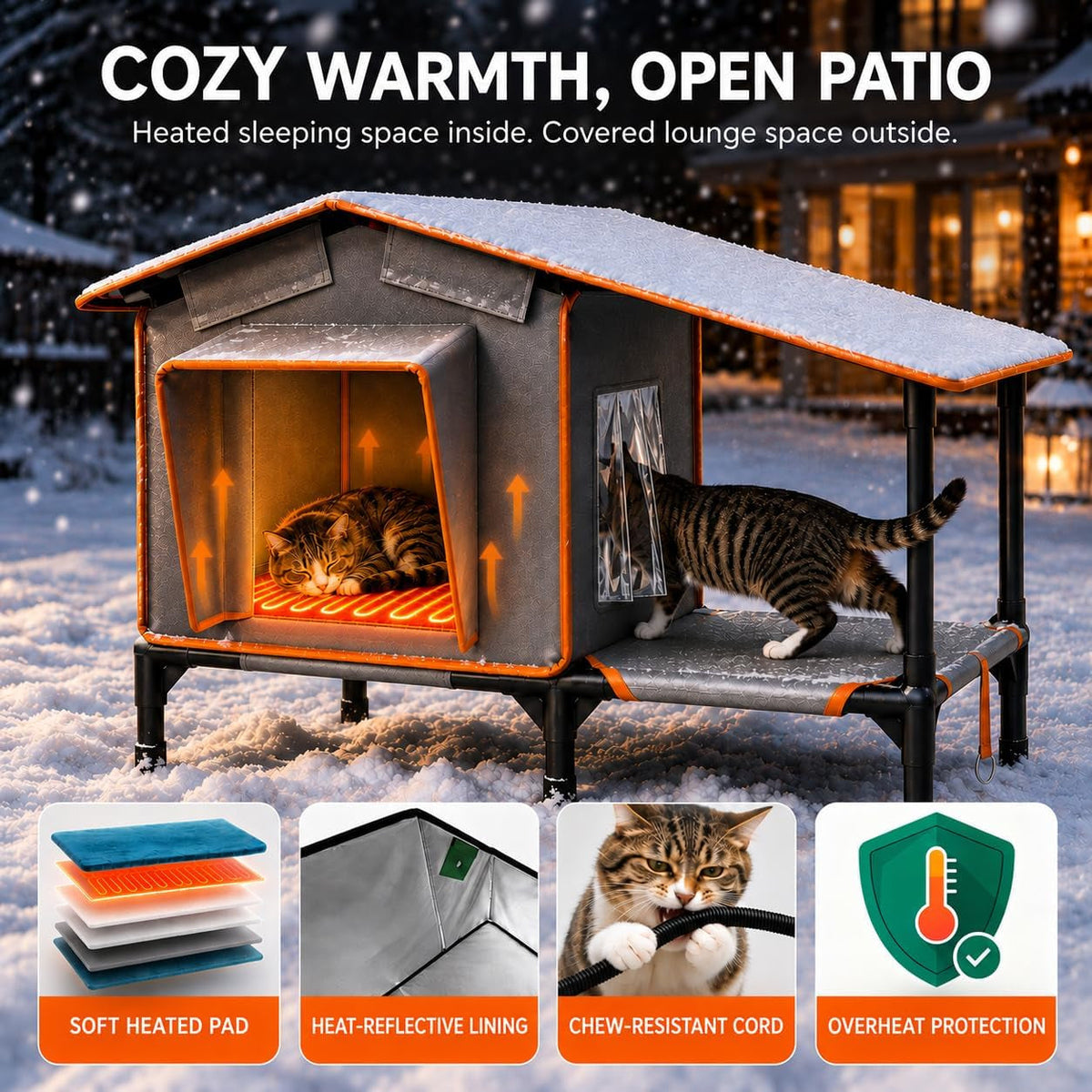 Heated Outdoor Cat House with Covered Terrace, Feeding Bowl & Dual Exits