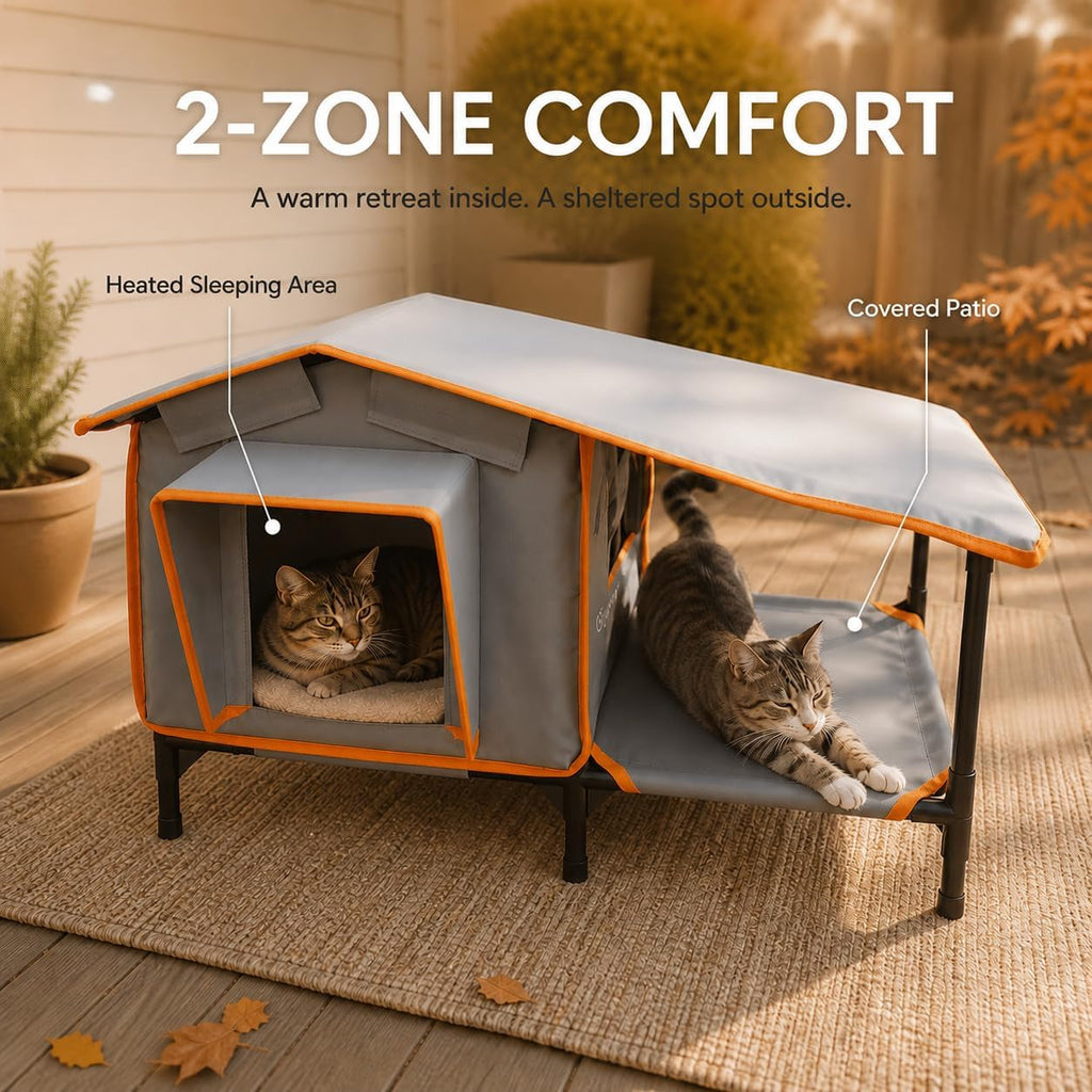 Heated Outdoor Cat House with Covered Terrace, Feeding Bowl & Dual Exits