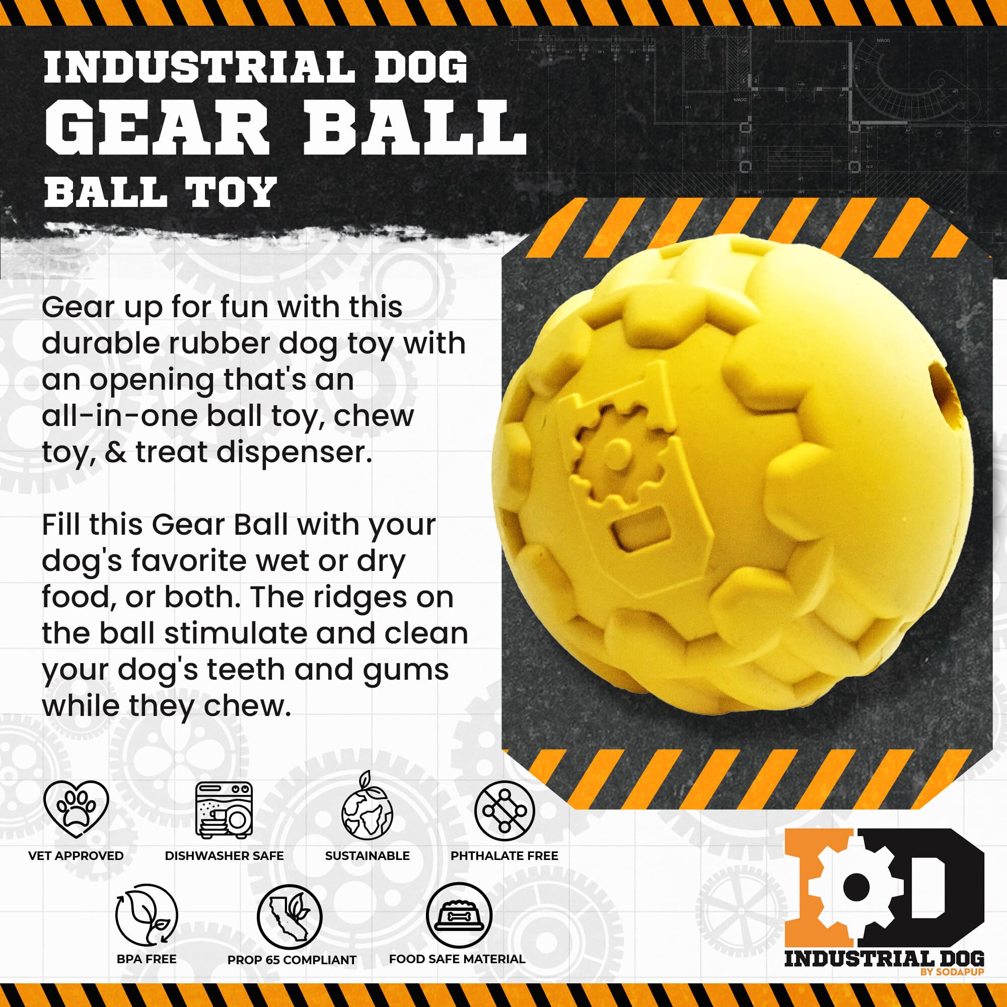 Rubber Chew Toy for Heavy Chewers | Yellow | USA Made | SodaPup