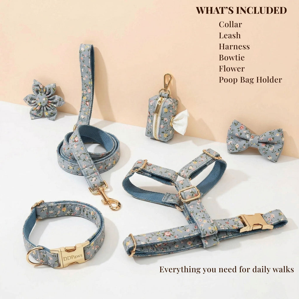Dusty Blue Floral Set No Pull Harness Set