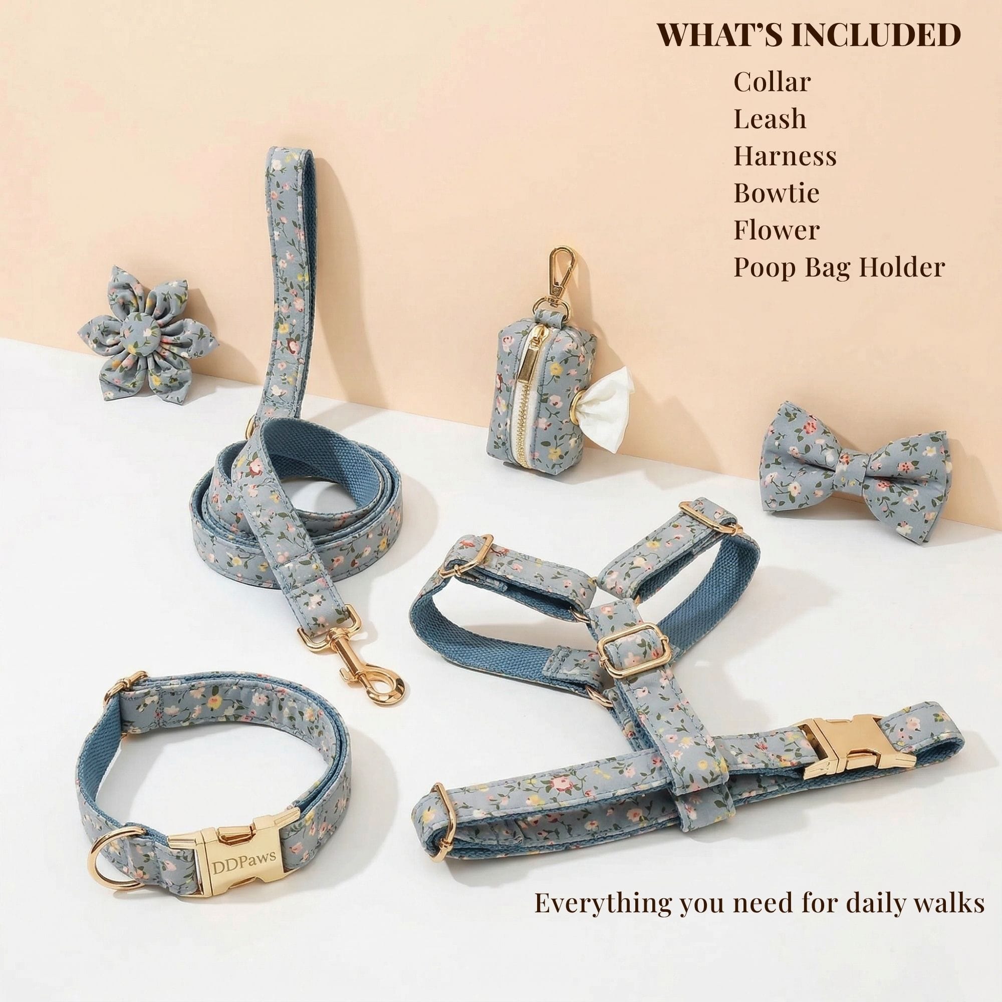 Dusty Blue Floral Set No Pull Harness Set