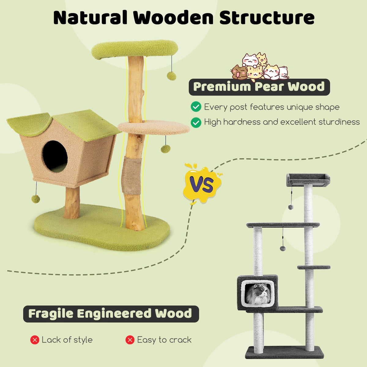 43 Inch Wooden Cat Tree with Padded Top Perch-Green