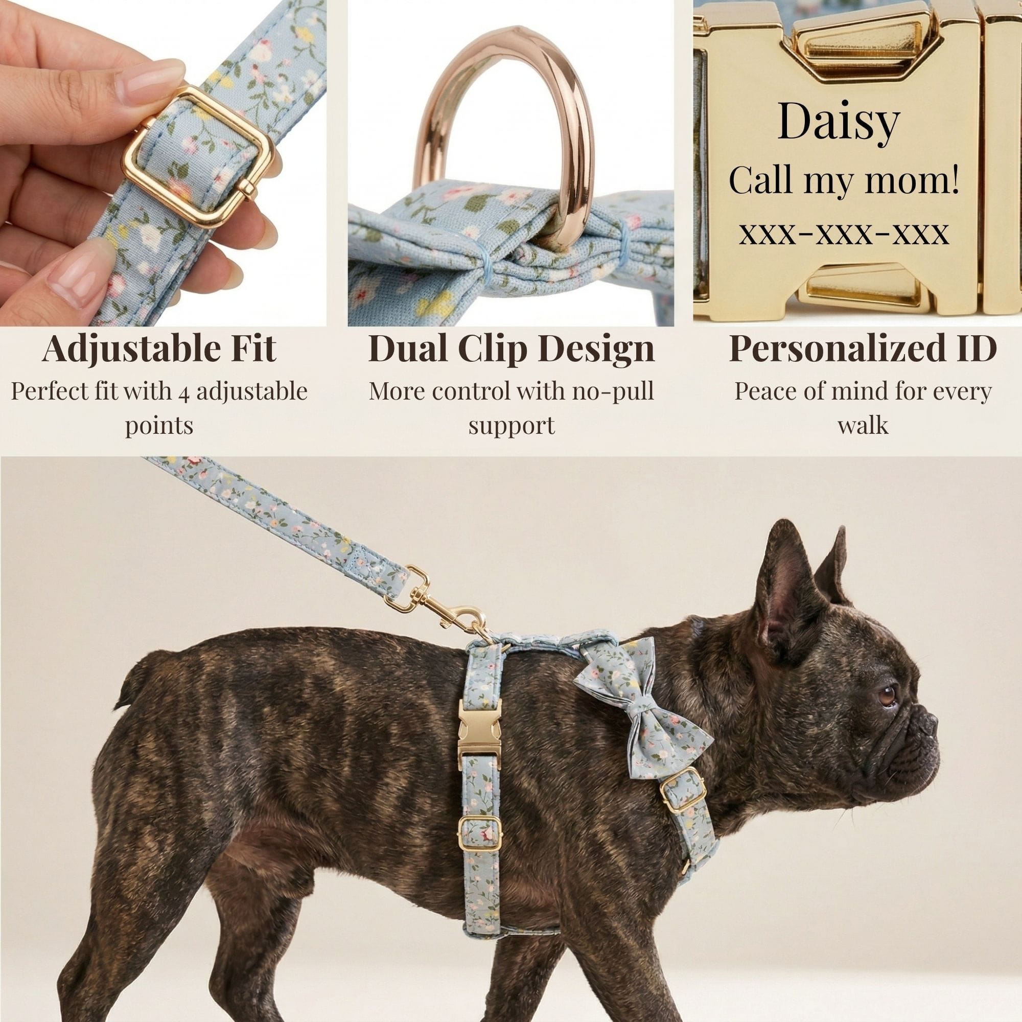 Dusty Blue Floral Set No Pull Harness Set