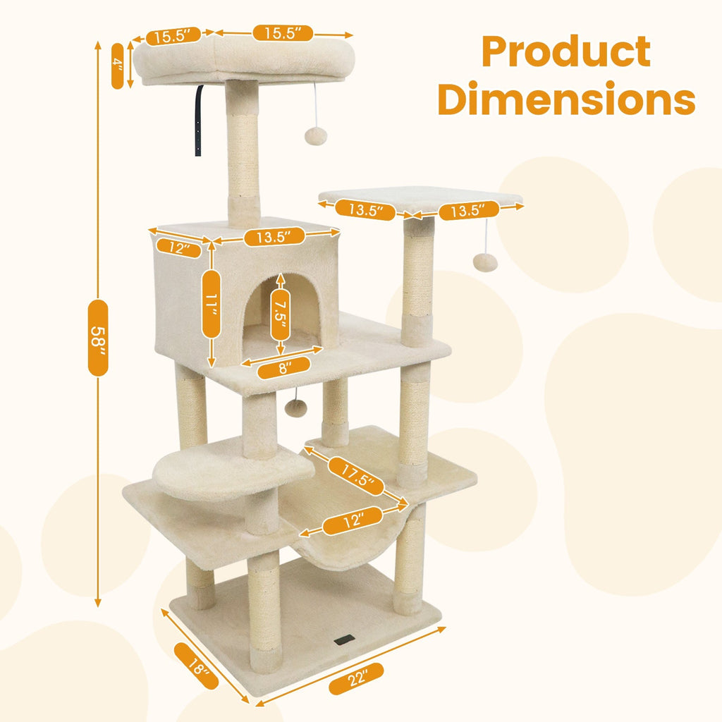 58" Multi-Level Cat Tree Soft Plush Tower with Padded Top Perch