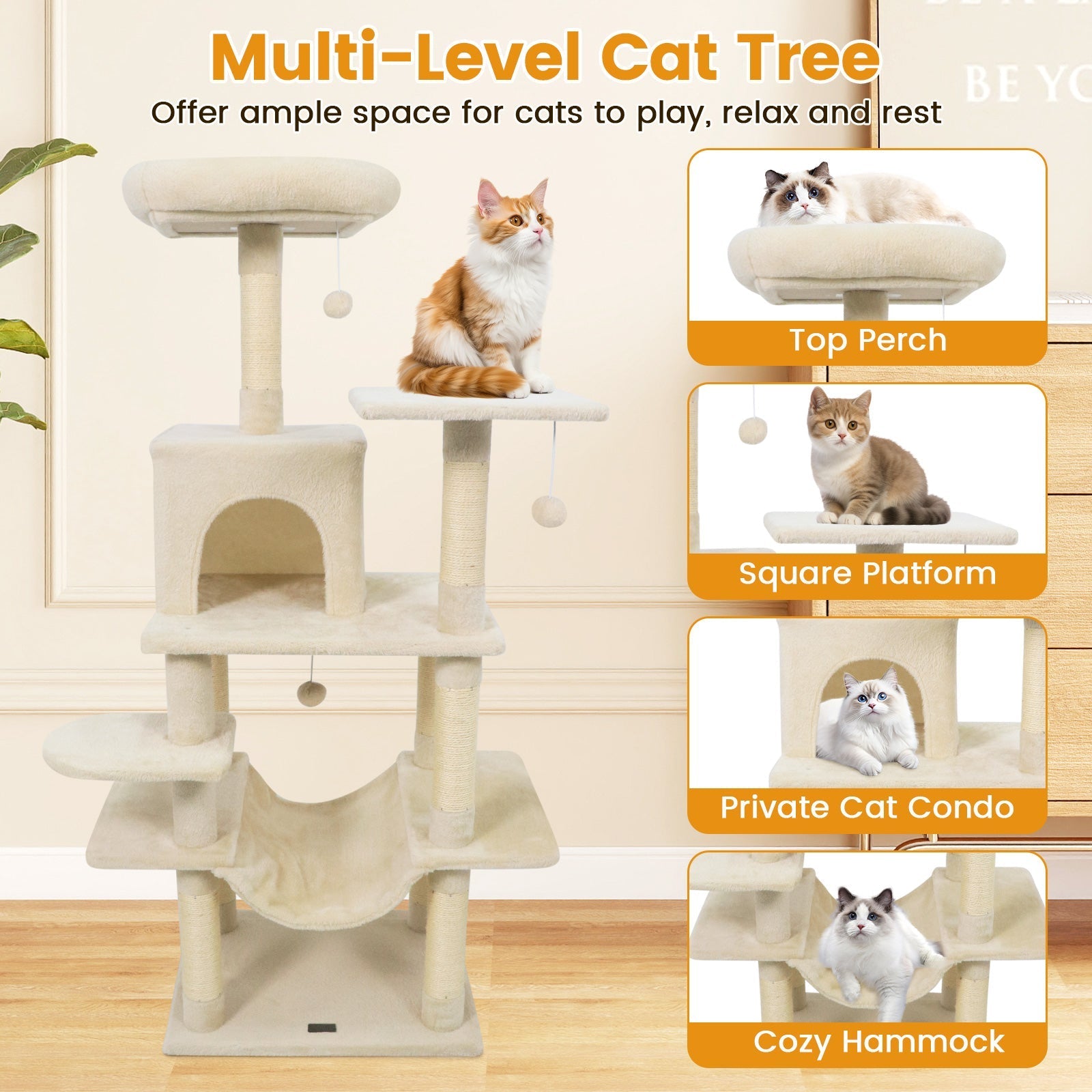 58" Multi-Level Cat Tree Soft Plush Tower with Padded Top Perch