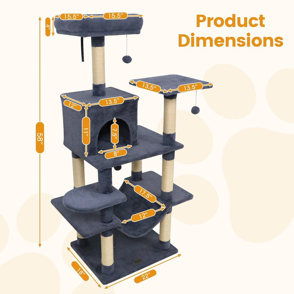 58" Multi-Level Cat Tree Soft Plush Tower with Padded Top Perch