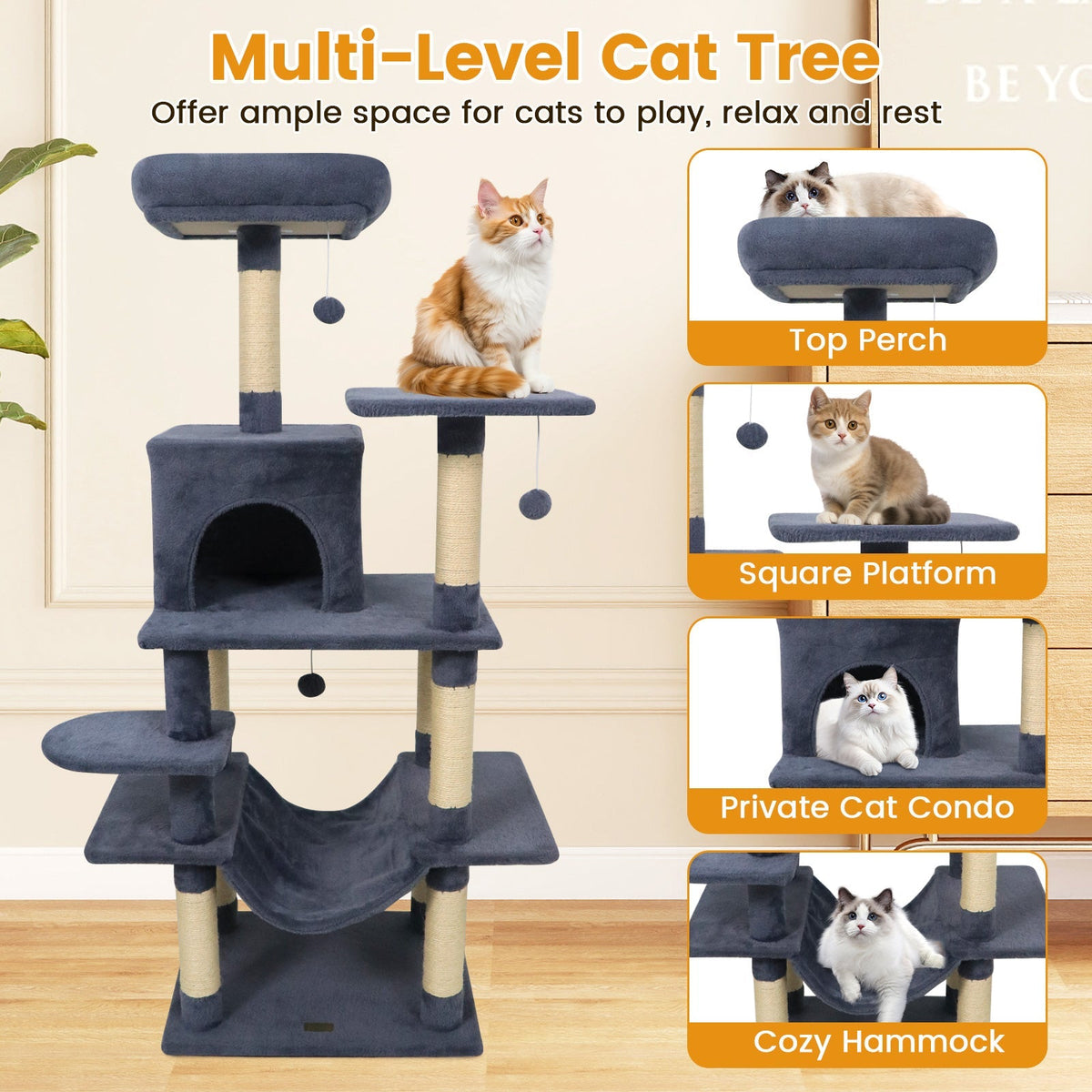 58" Multi-Level Cat Tree Soft Plush Tower with Padded Top Perch