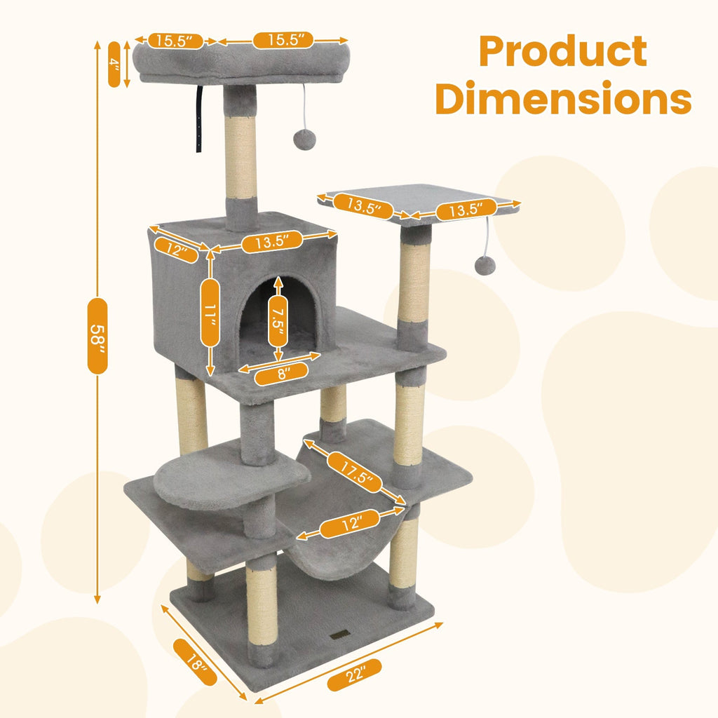 58" Multi-Level Cat Tree Soft Plush Tower with Padded Top Perch