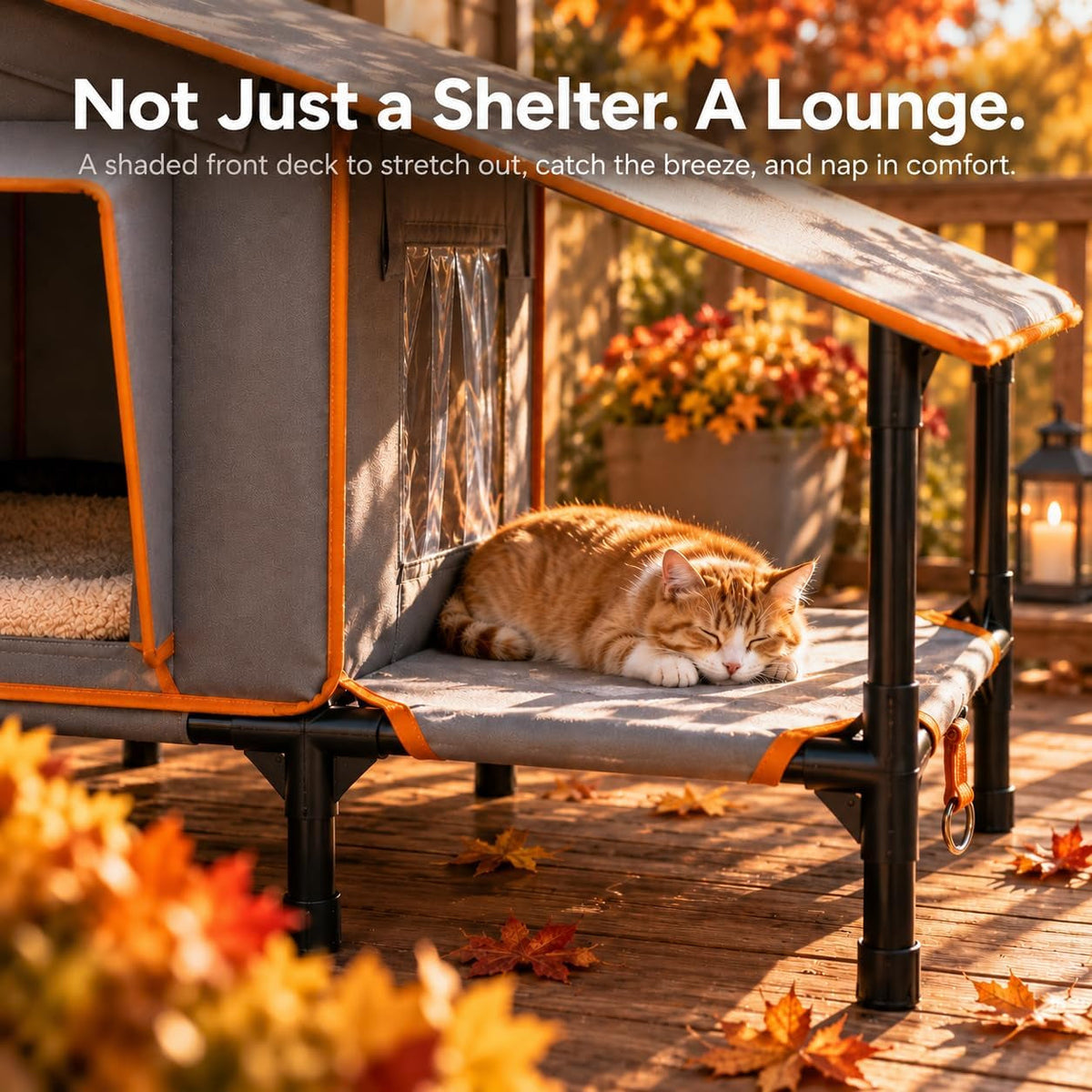 Heated Outdoor Cat House with Covered Terrace, Feeding Bowl & Dual Exits