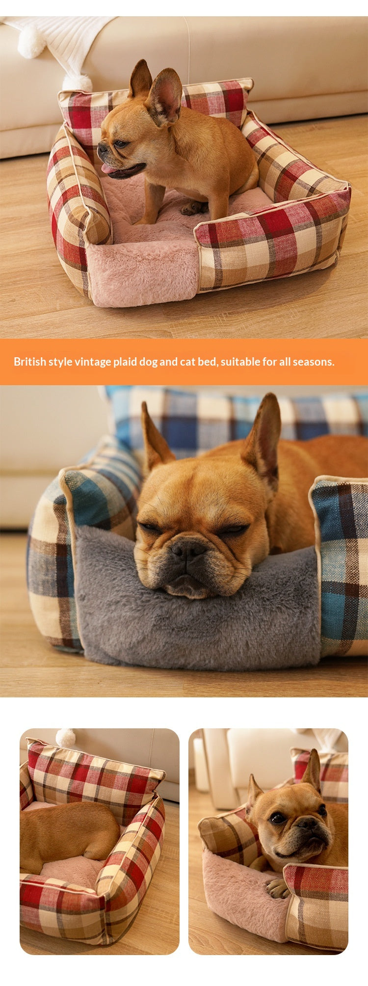 Retro Plaid All-Season Washable Pet Bed