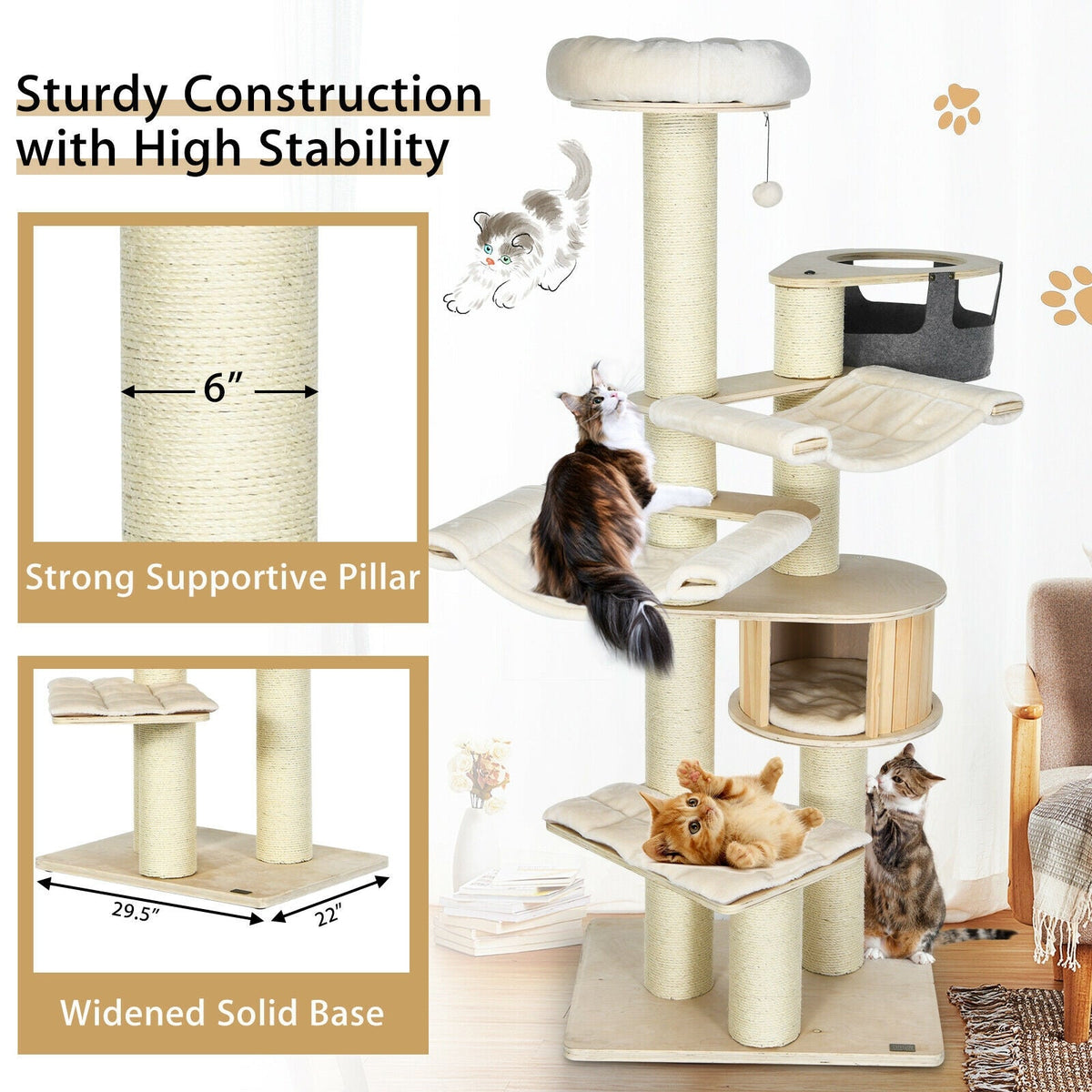 77.5-Inch Cat Tree Condo Multi-Level Kitten Activity Tower