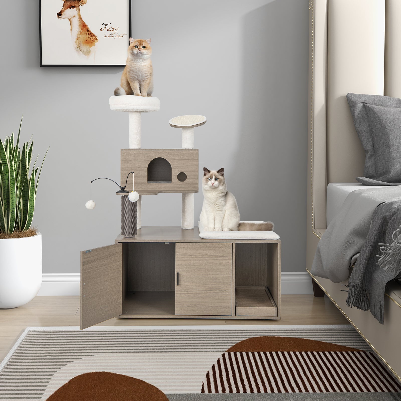 2-in-1 Modern Cat Tower with Litter Box Enclosure