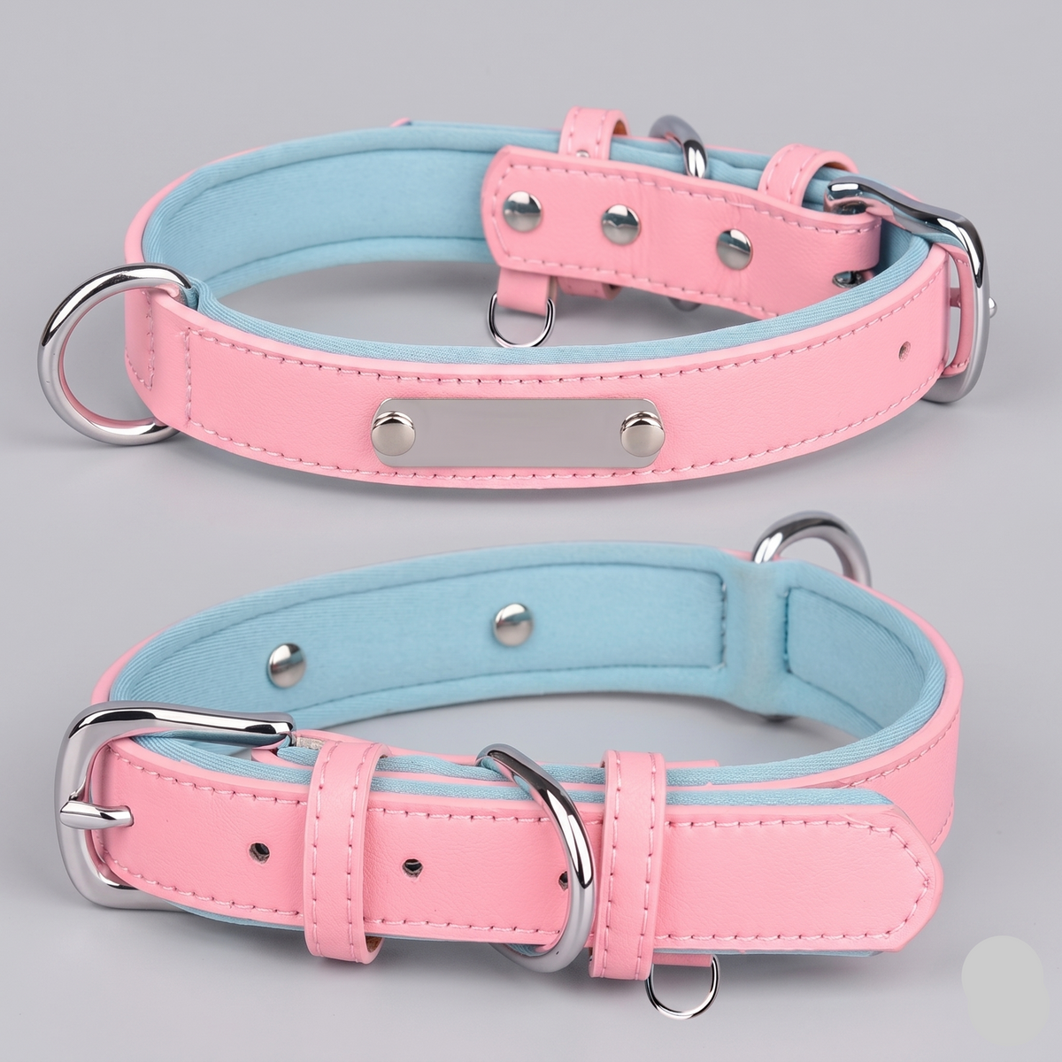 Dual D-Ring PU Leather Dog Collar with Nameplate