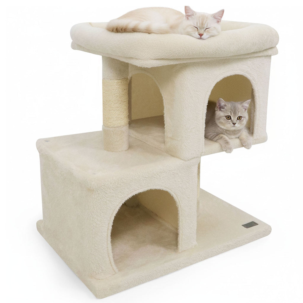 Space-saving Cat Tower with Upholstered Perch and 2 Cat Condos