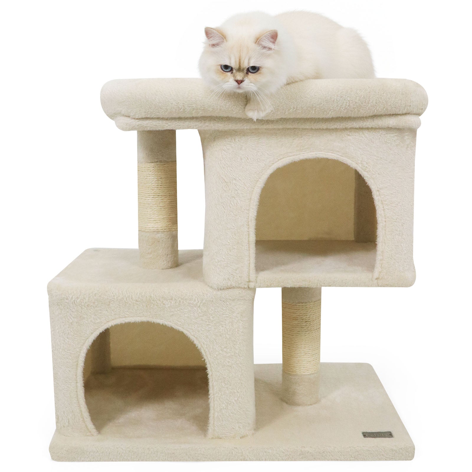 Space-saving Cat Tower with Upholstered Perch and 2 Cat Condos