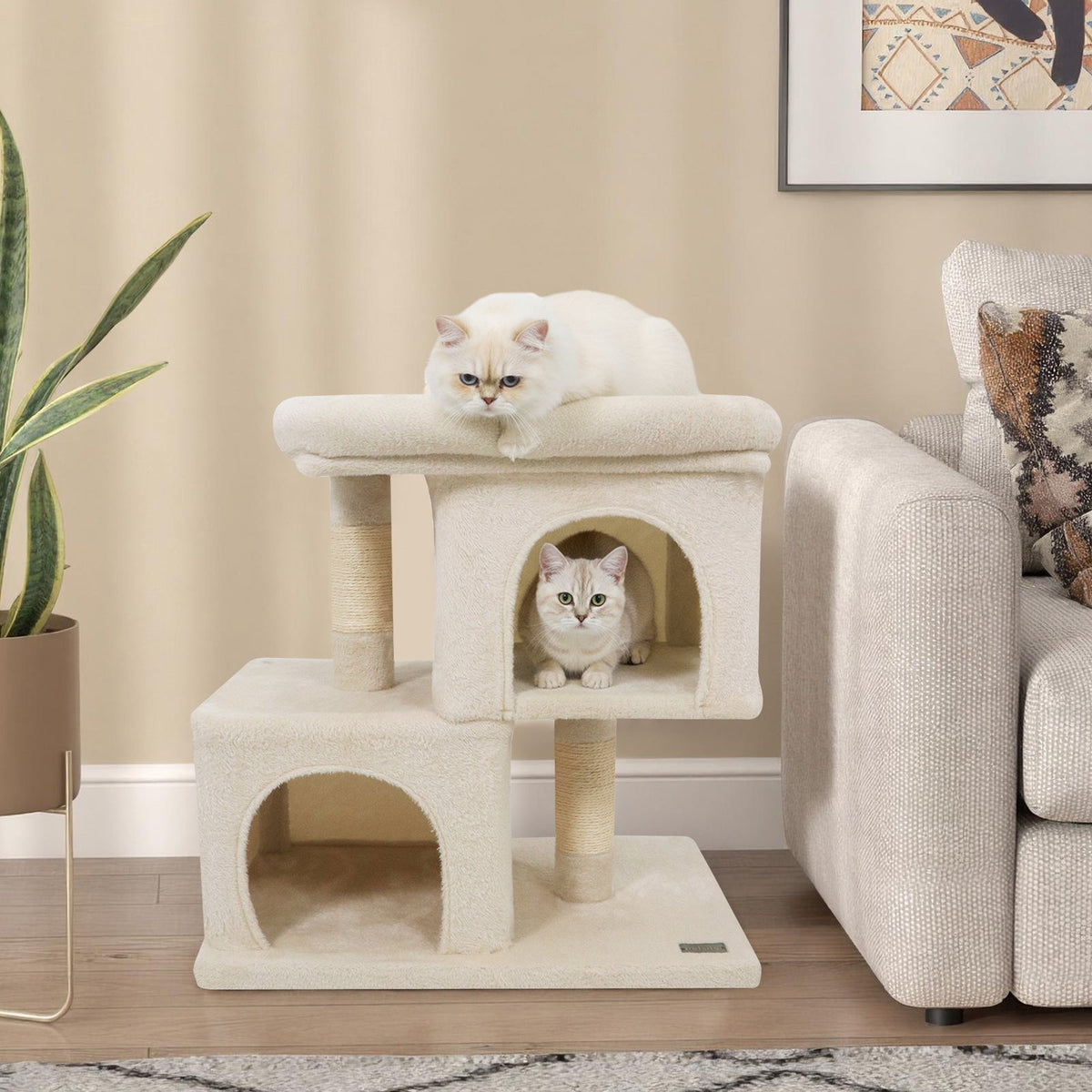Space-saving Cat Tower with Upholstered Perch and 2 Cat Condos