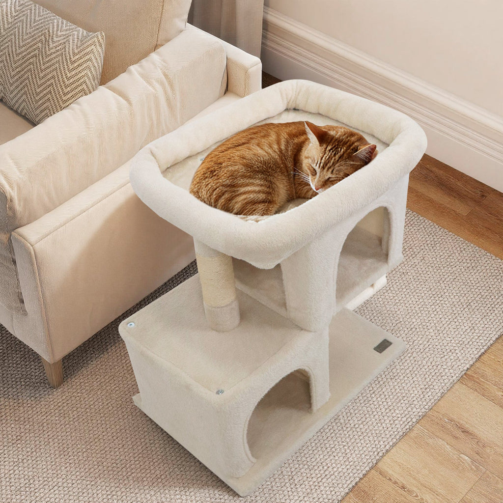 Space-saving Cat Tower with Upholstered Perch and 2 Cat Condos