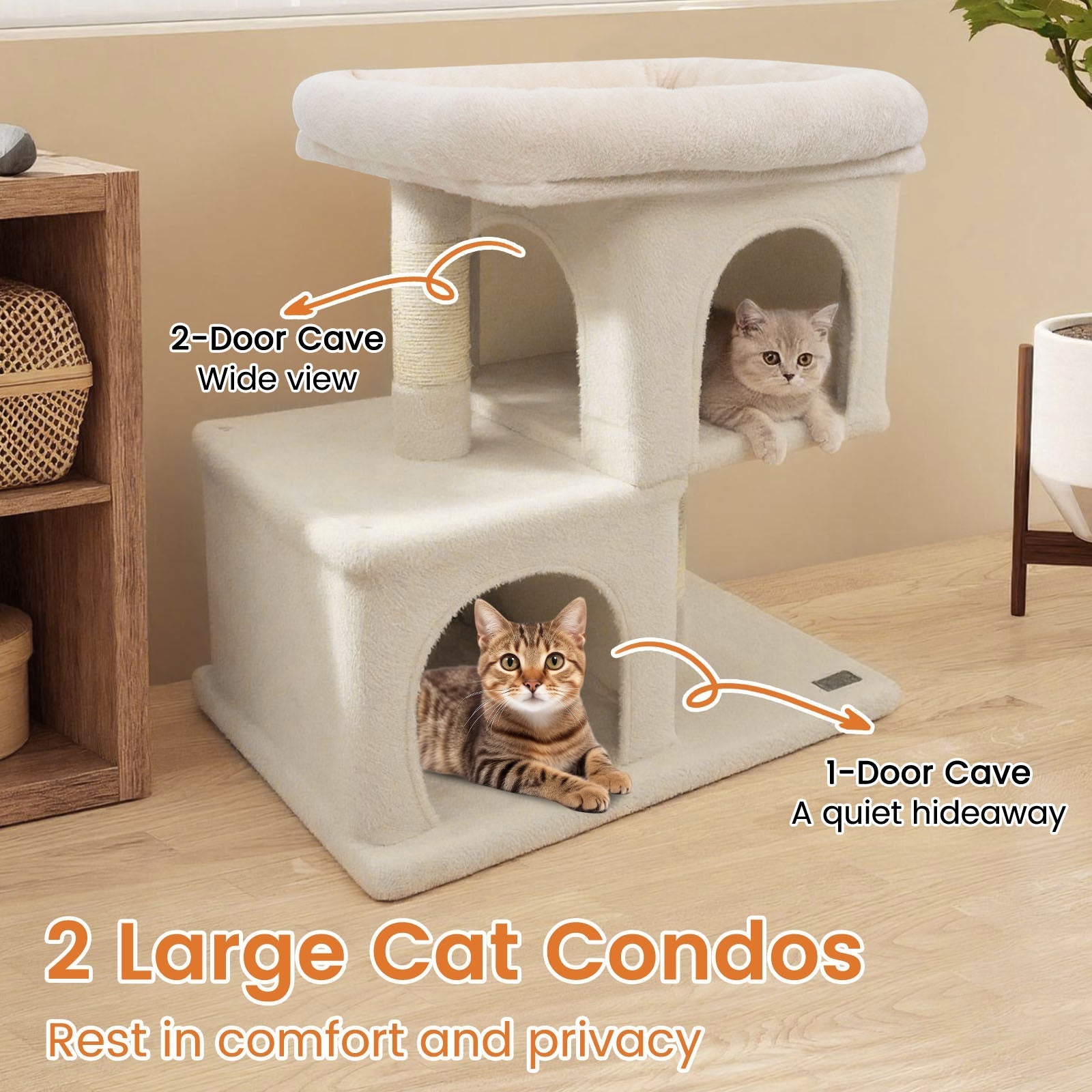 Space-saving Cat Tower with Upholstered Perch and 2 Cat Condos