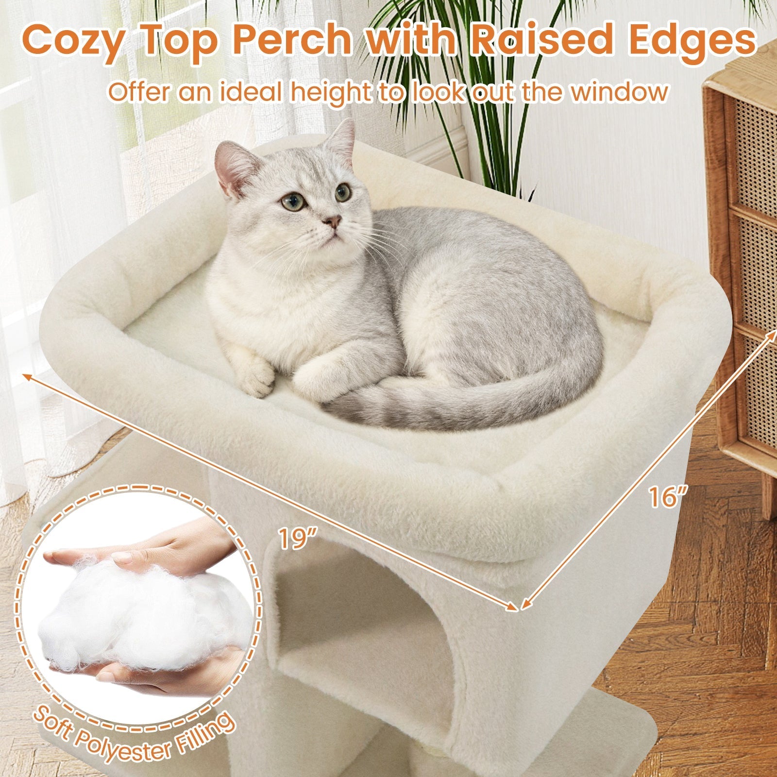 Space-saving Cat Tower with Upholstered Perch and 2 Cat Condos