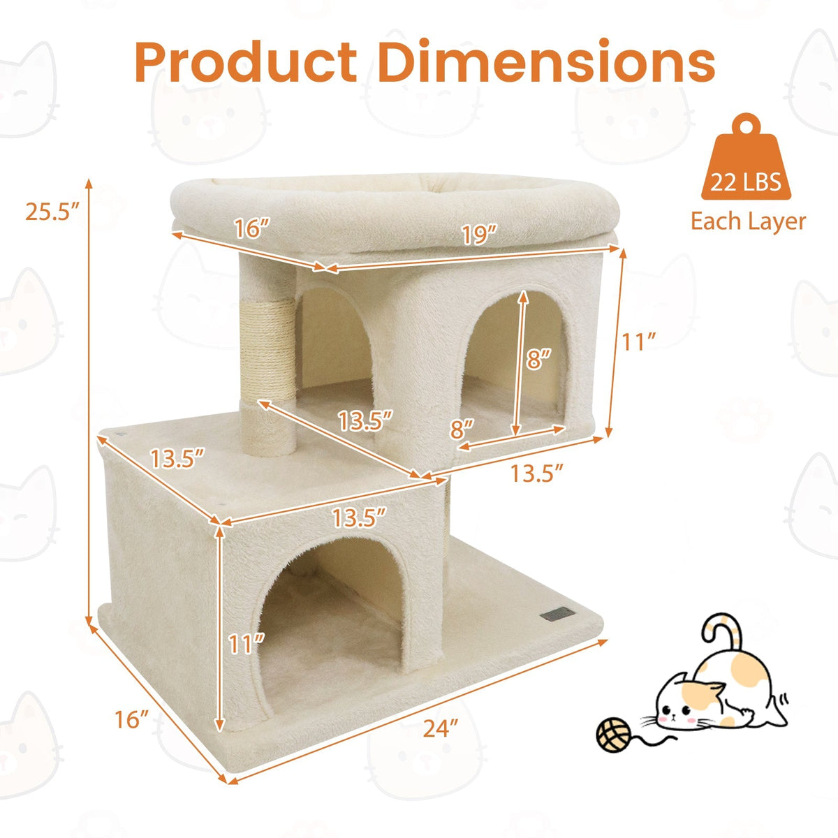 Space-saving Cat Tower with Upholstered Perch and 2 Cat Condos