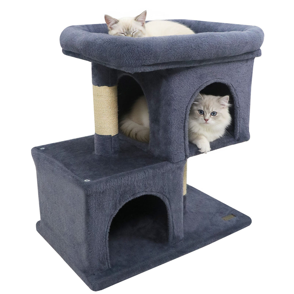 Space-saving Cat Tower with Upholstered Perch and 2 Cat Condos