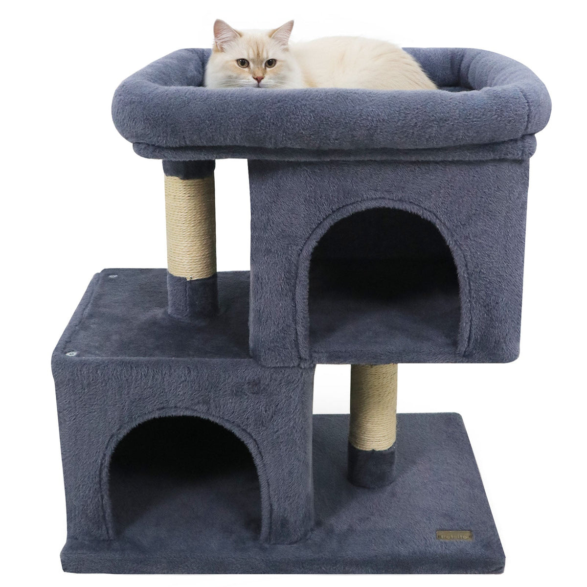 Space-saving Cat Tower with Upholstered Perch and 2 Cat Condos