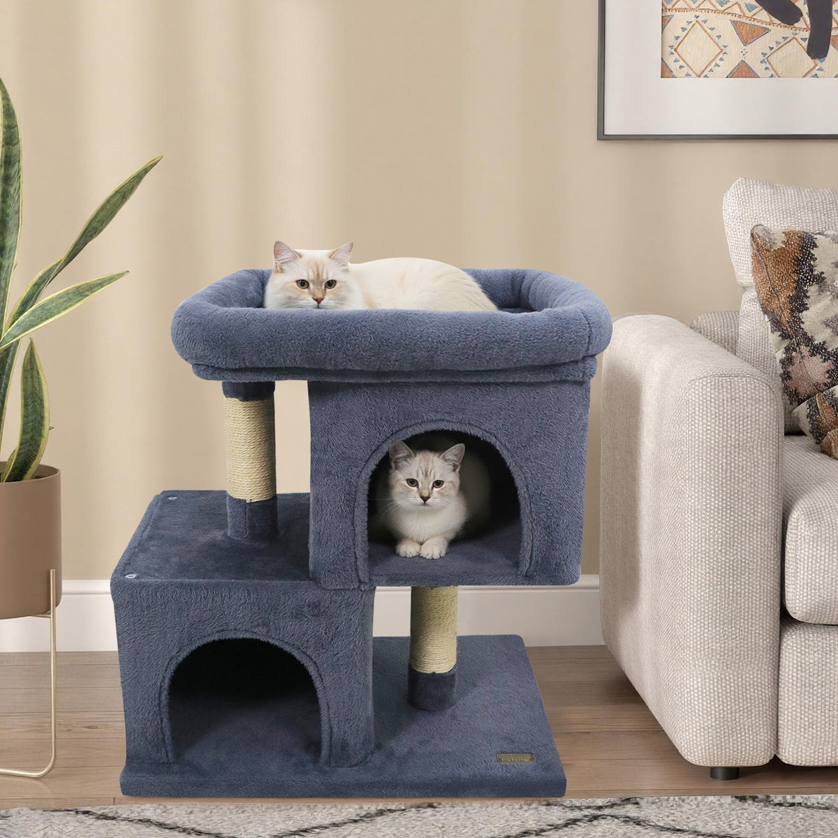Space-saving Cat Tower with Upholstered Perch and 2 Cat Condos