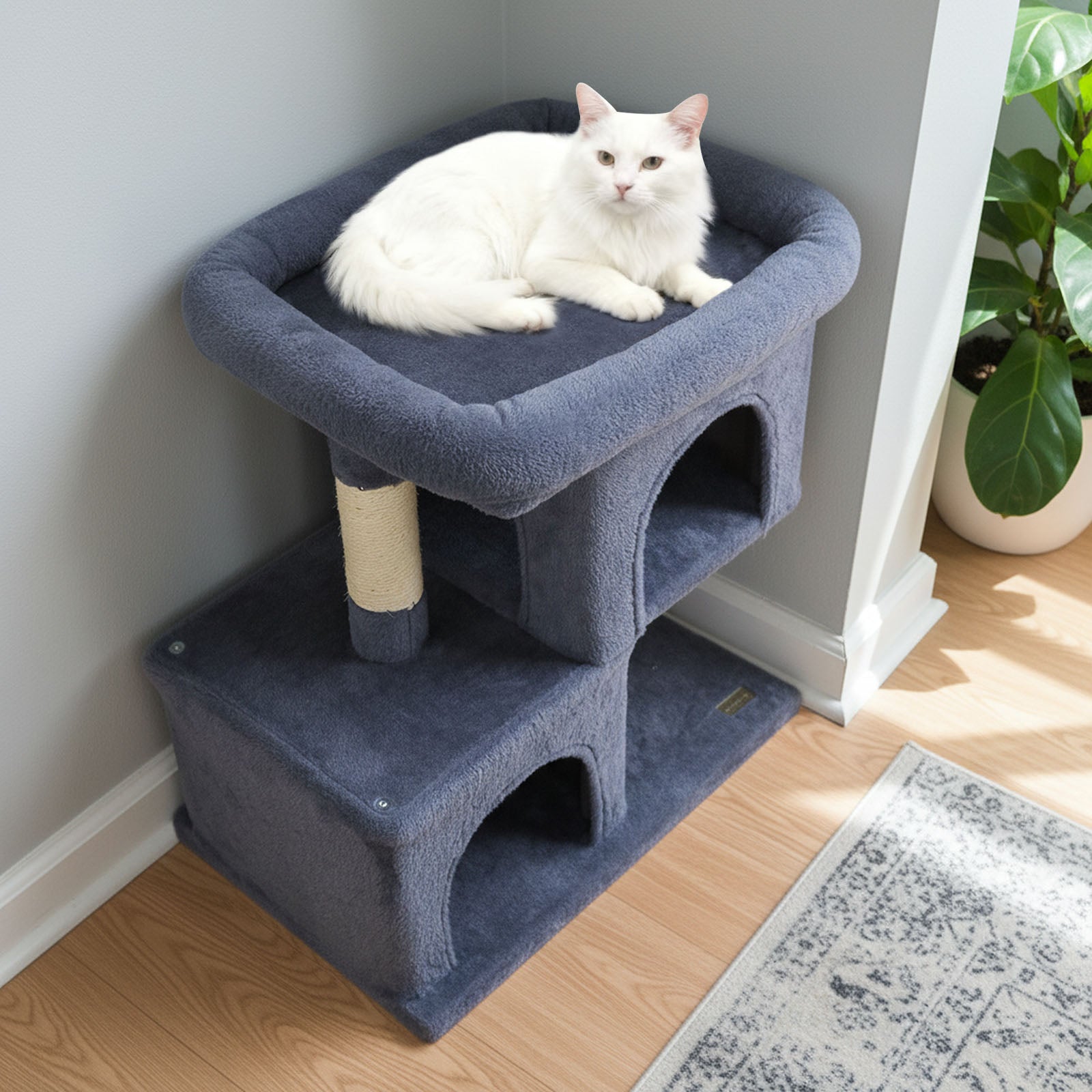 Space-saving Cat Tower with Upholstered Perch and 2 Cat Condos