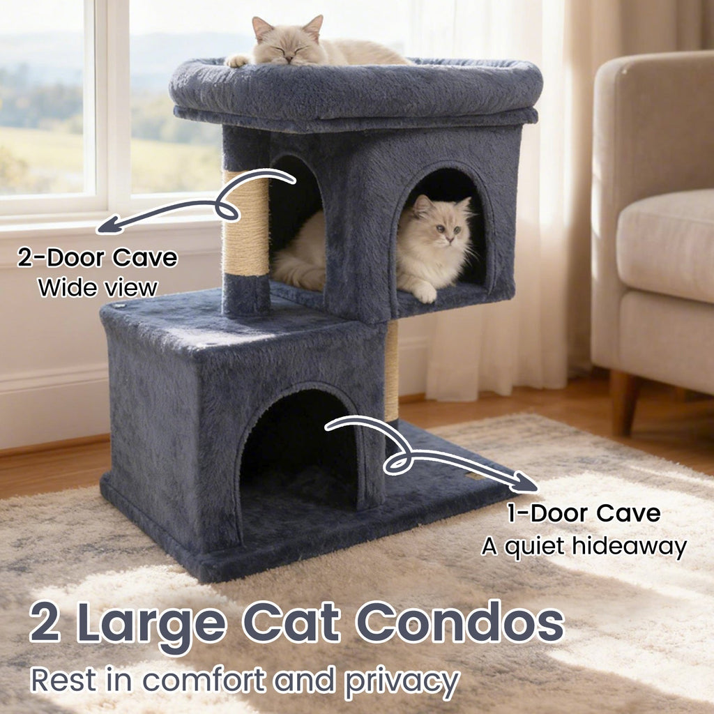 Space-saving Cat Tower with Upholstered Perch and 2 Cat Condos