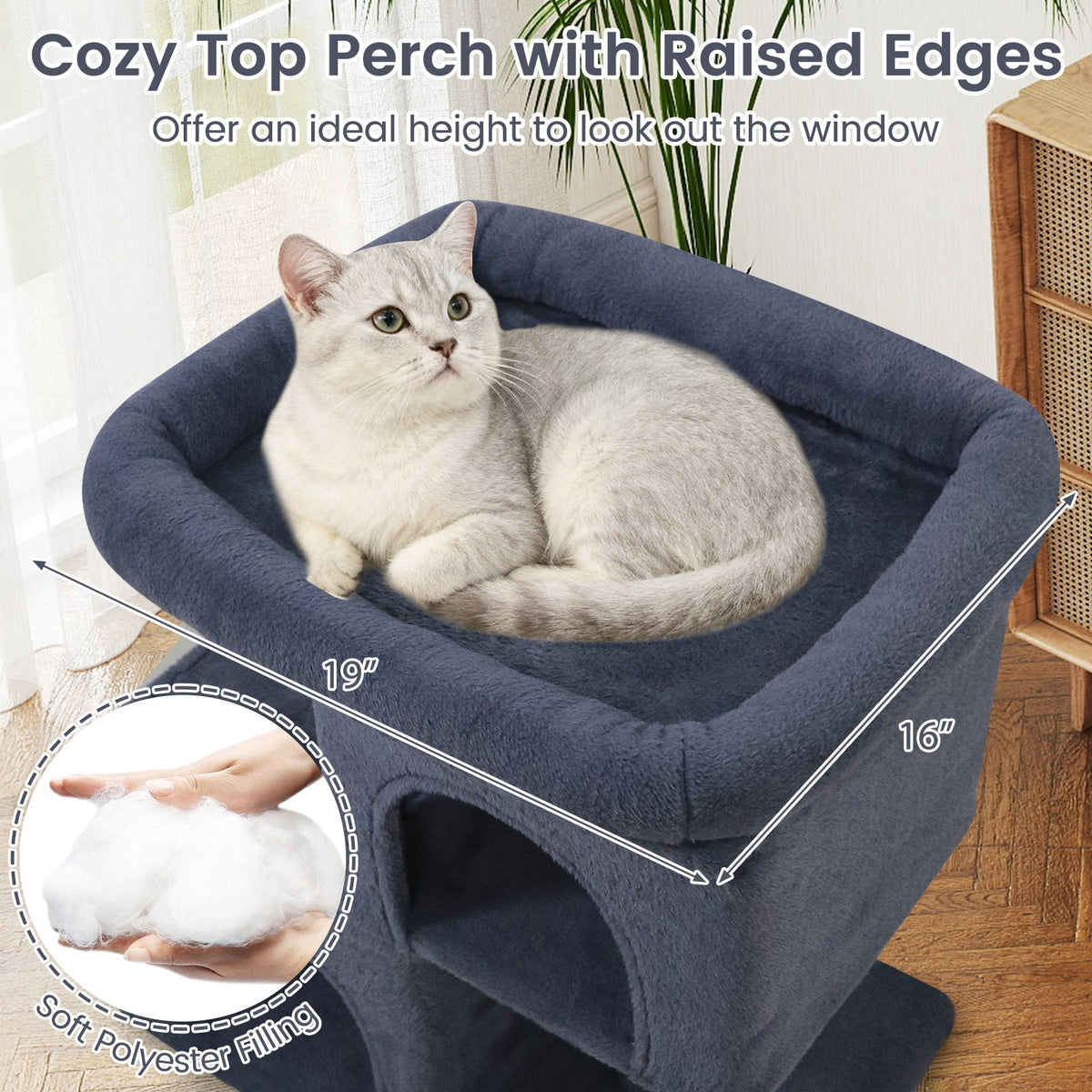 Space-saving Cat Tower with Upholstered Perch and 2 Cat Condos