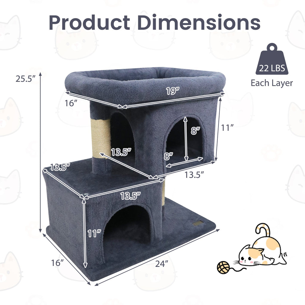 Space-saving Cat Tower with Upholstered Perch and 2 Cat Condos