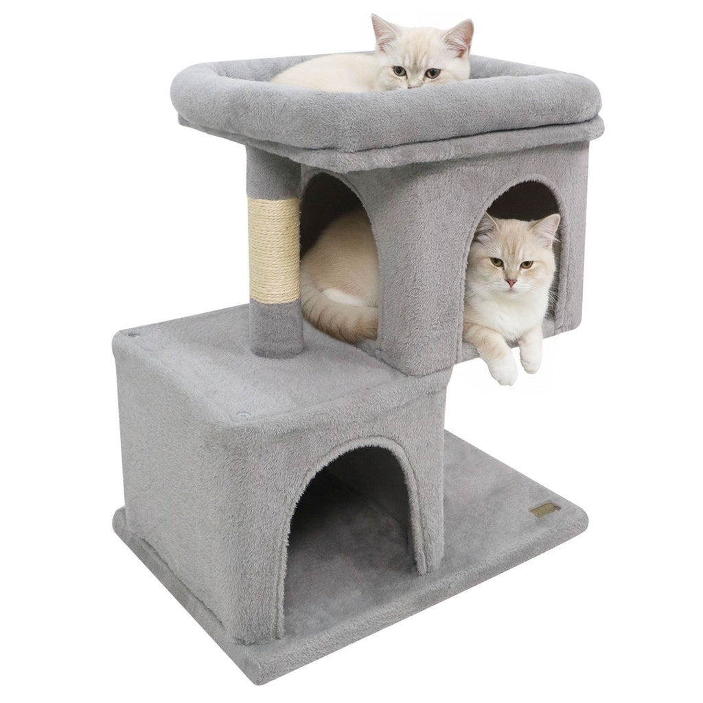 Space-saving Cat Tower with Upholstered Perch and 2 Cat Condos