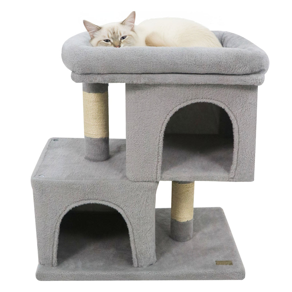 Space-saving Cat Tower with Upholstered Perch and 2 Cat Condos