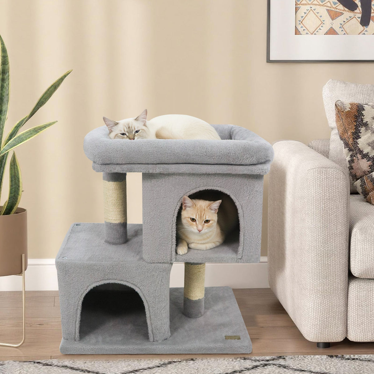 Space-saving Cat Tower with Upholstered Perch and 2 Cat Condos