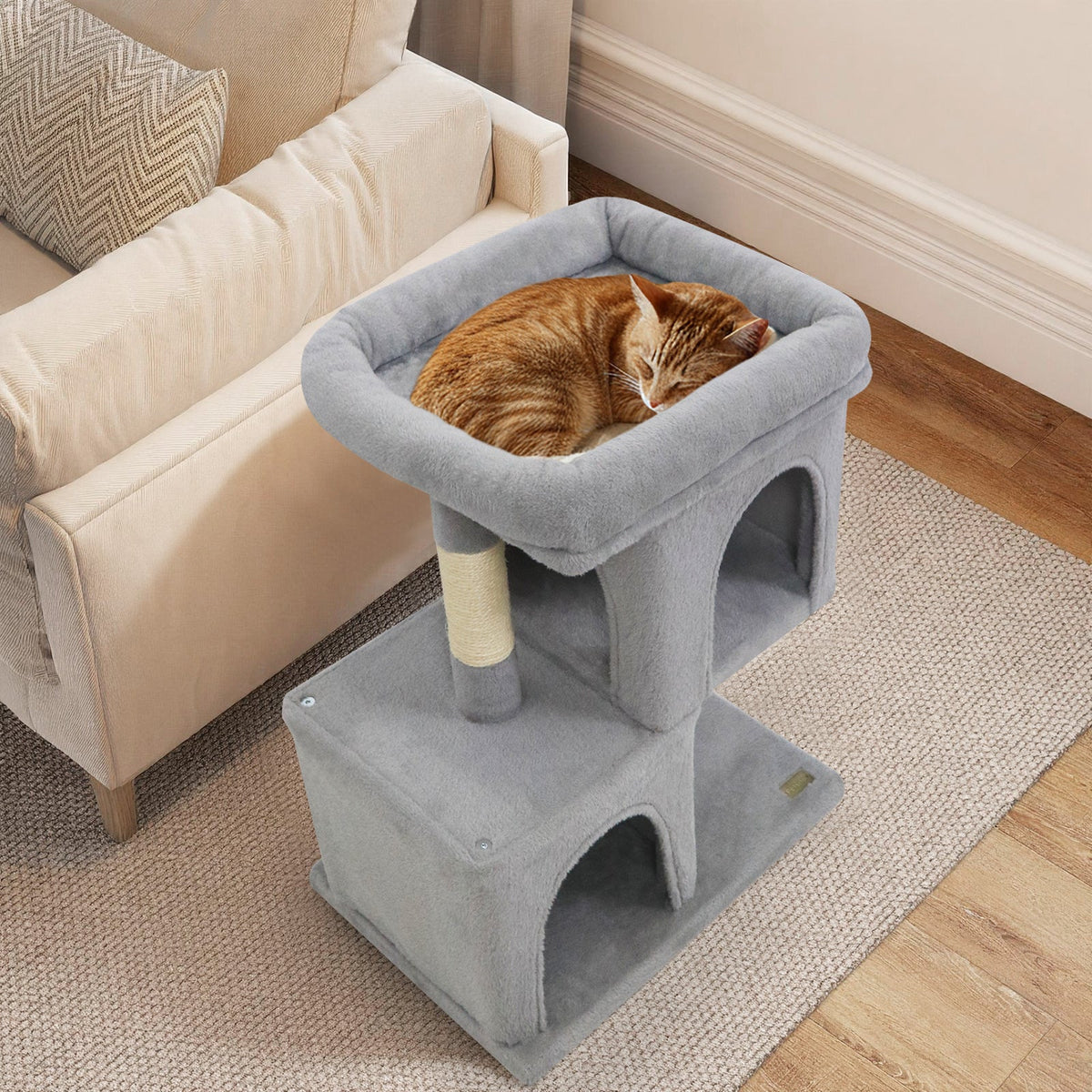 Space-saving Cat Tower with Upholstered Perch and 2 Cat Condos