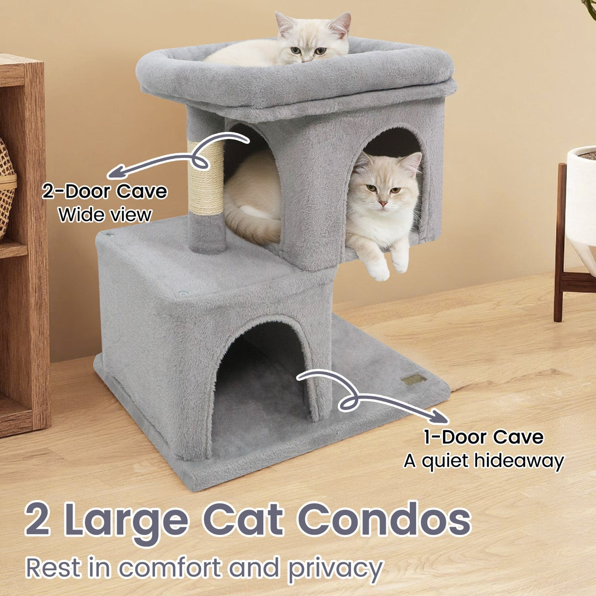 Space-saving Cat Tower with Upholstered Perch and 2 Cat Condos
