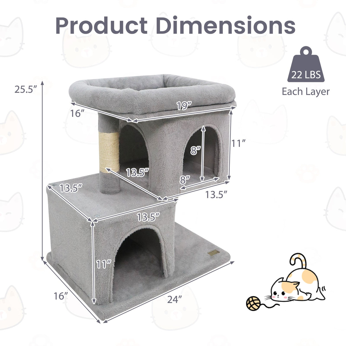 Space-saving Cat Tower with Upholstered Perch and 2 Cat Condos