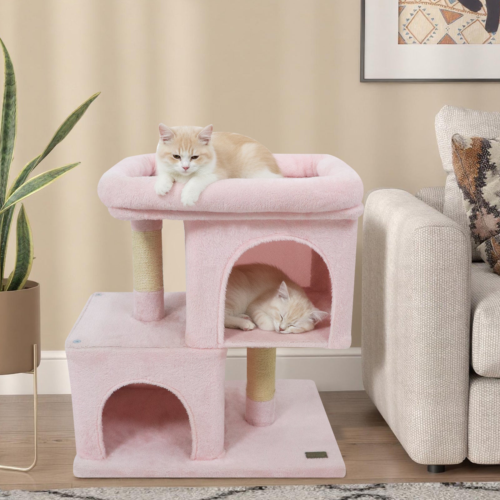 Space-saving Cat Tower with Upholstered Perch and 2 Cat Condos