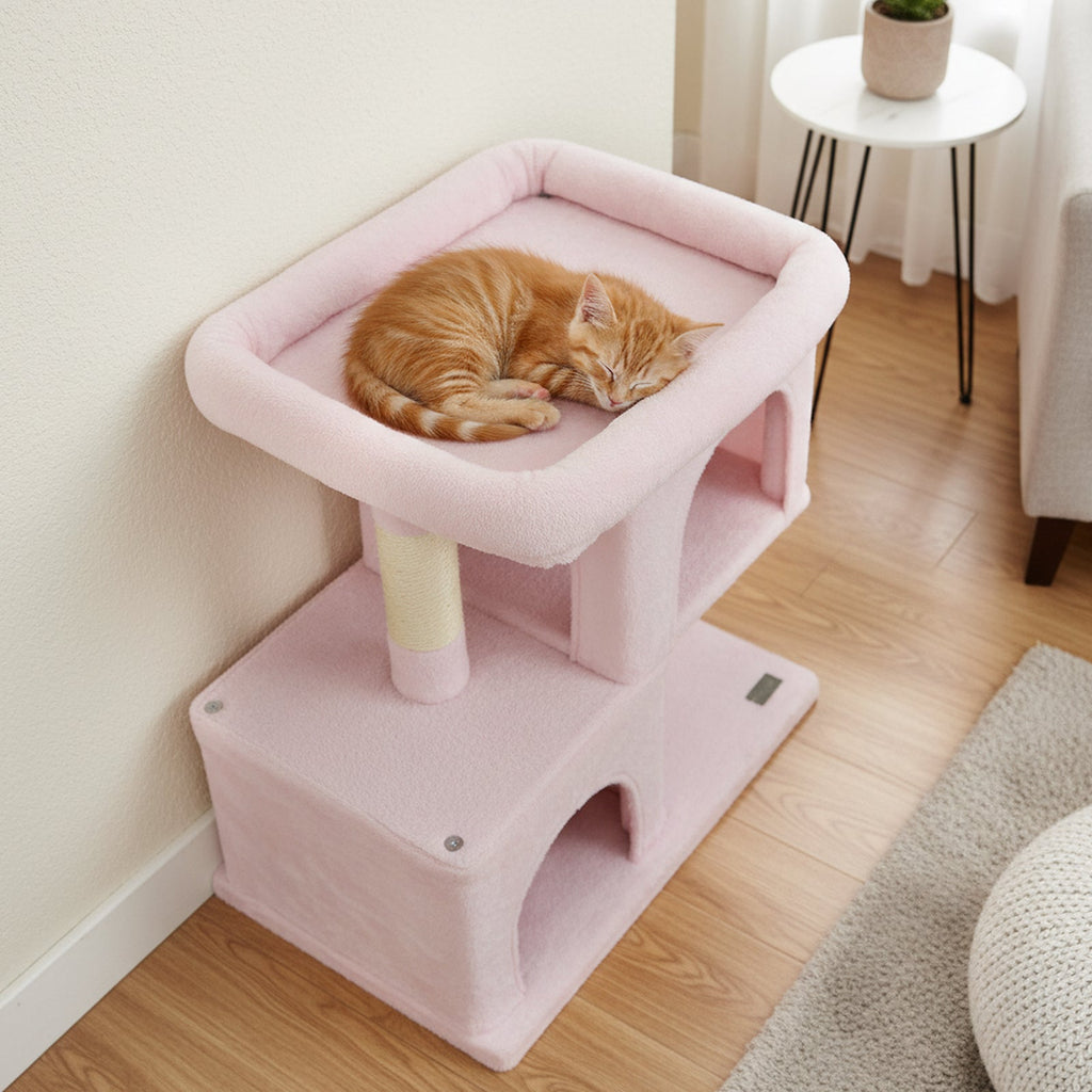 Space-saving Cat Tower with Upholstered Perch and 2 Cat Condos