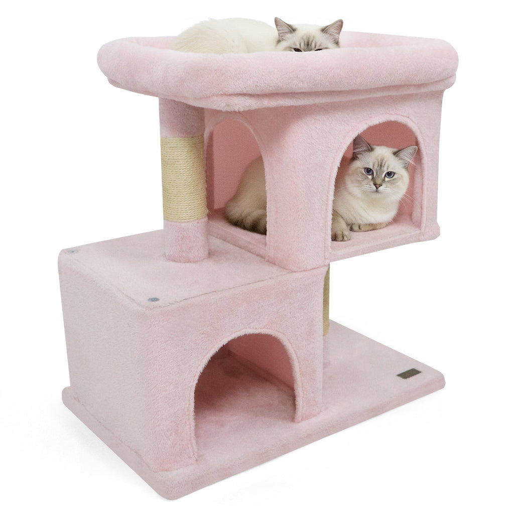 Space-saving Cat Tower with Upholstered Perch and 2 Cat Condos