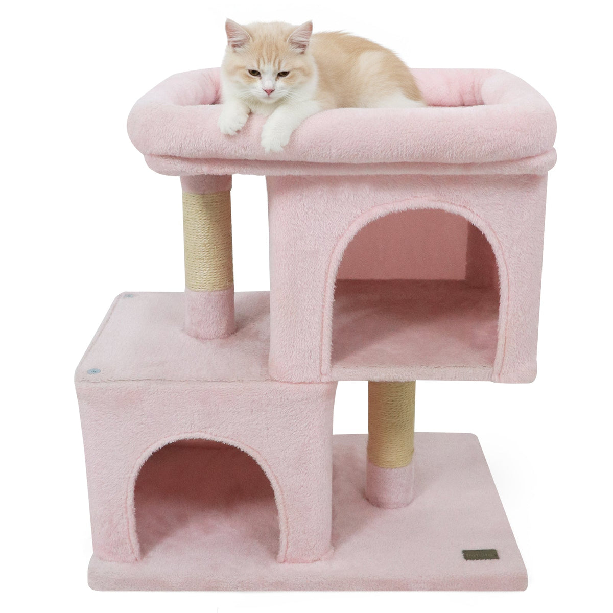 Space-saving Cat Tower with Upholstered Perch and 2 Cat Condos