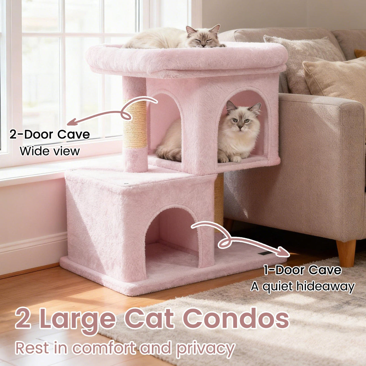 Space-saving Cat Tower with Upholstered Perch and 2 Cat Condos
