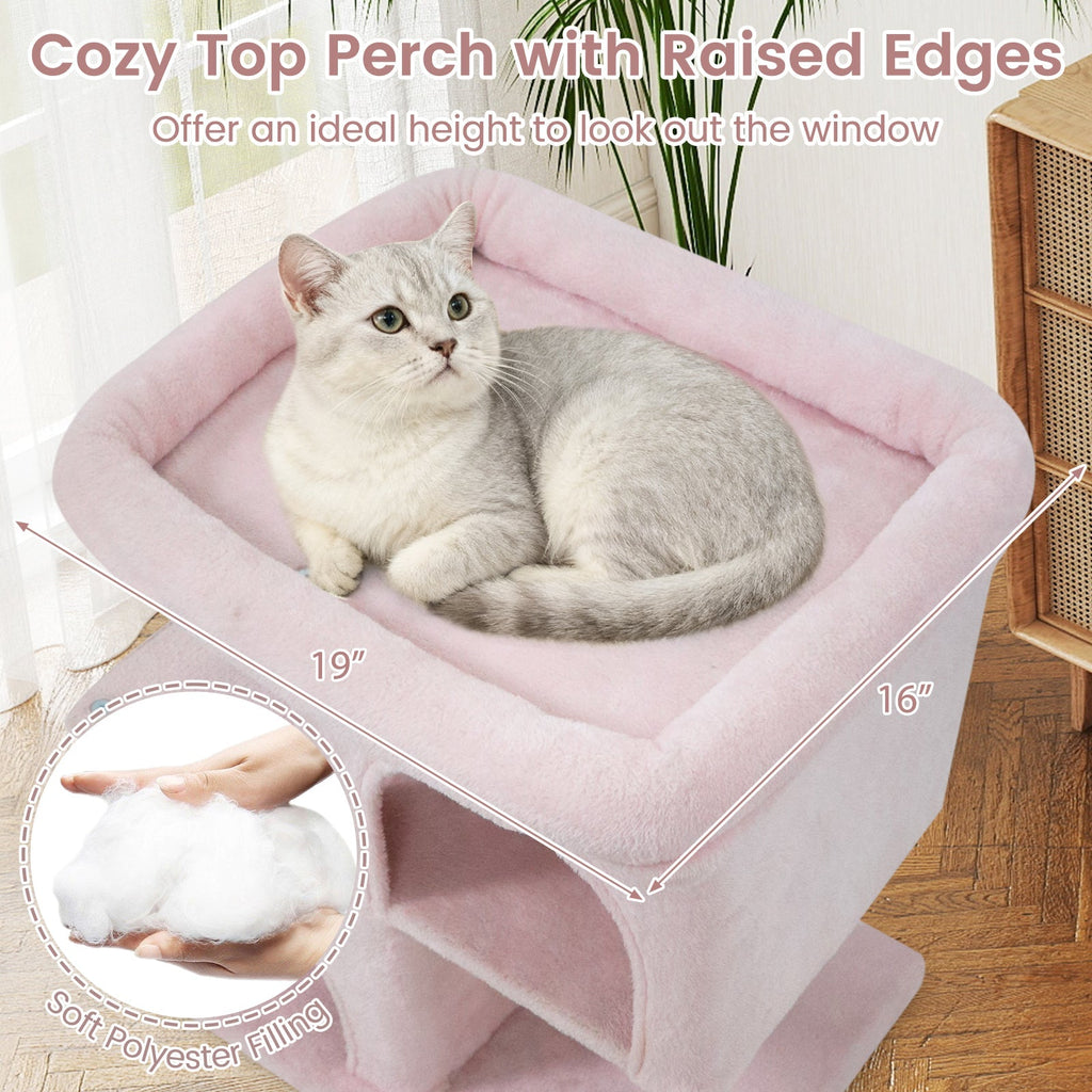 Space-saving Cat Tower with Upholstered Perch and 2 Cat Condos