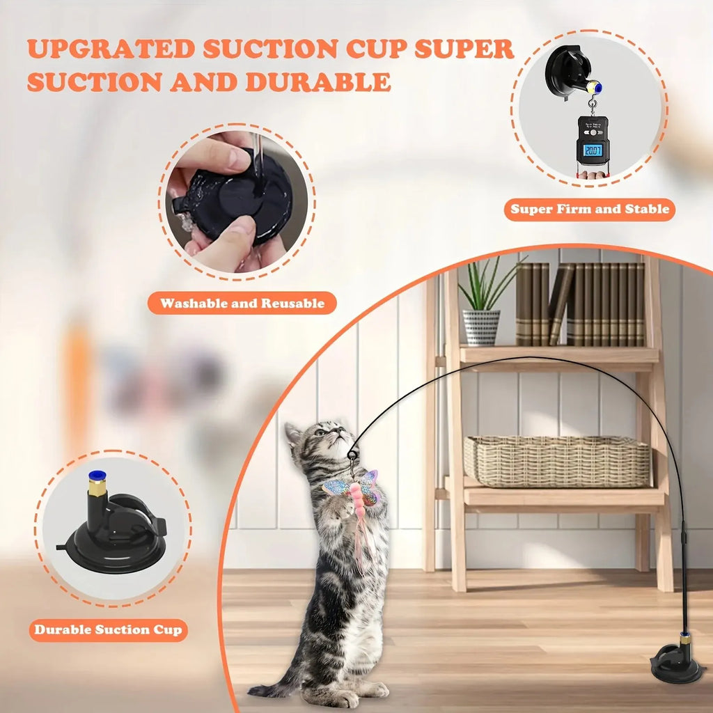 Cat Teaser Toy - Interactive Bell & Feather Wand - Long Suction Cup Pole for Exciting Playtime