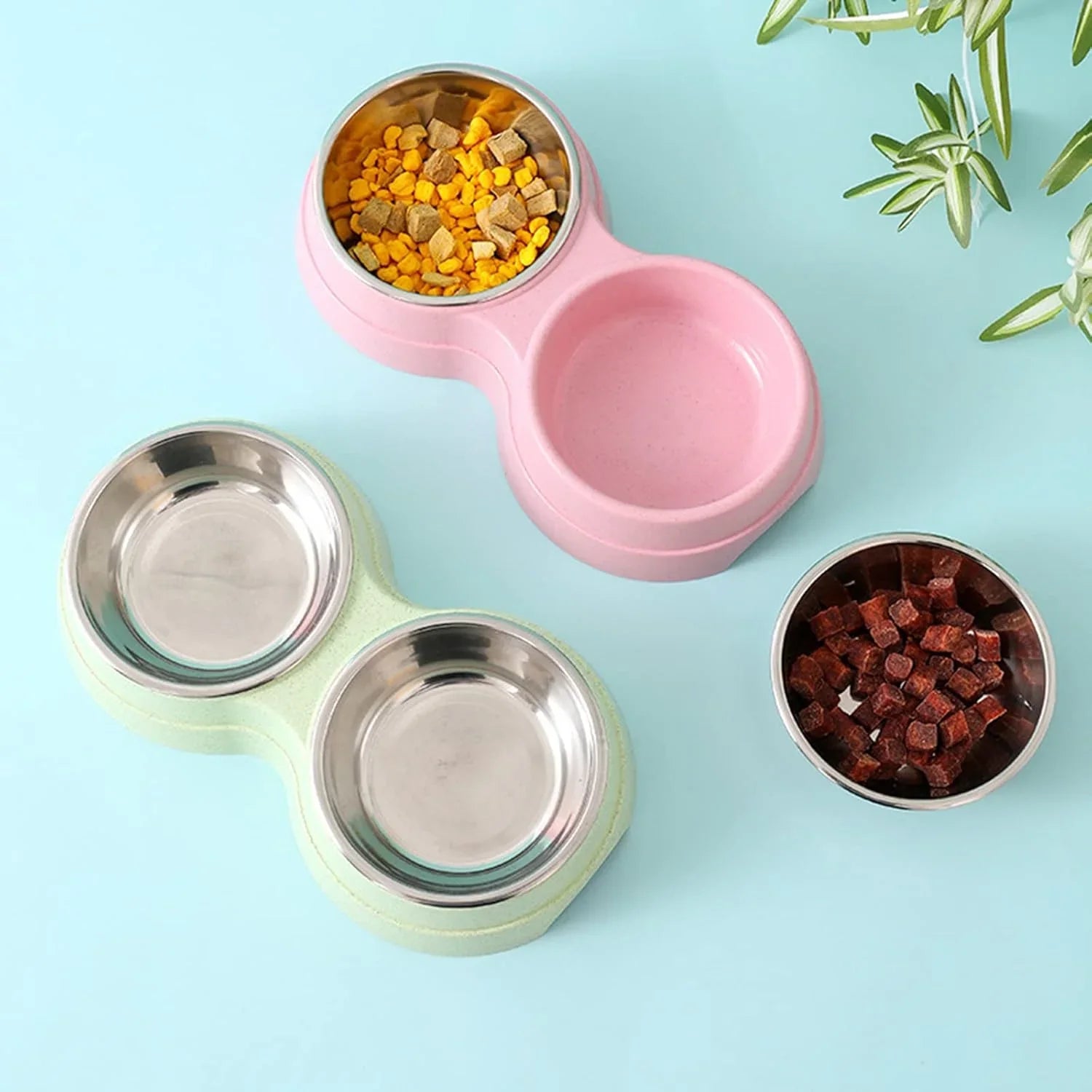Double Pet Bowls Dog Food Water Feeder Stainless Steel