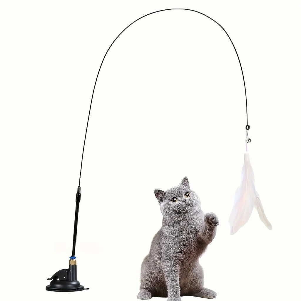 Cat Teaser Toy - Interactive Bell & Feather Wand - Long Suction Cup Pole for Exciting Playtime