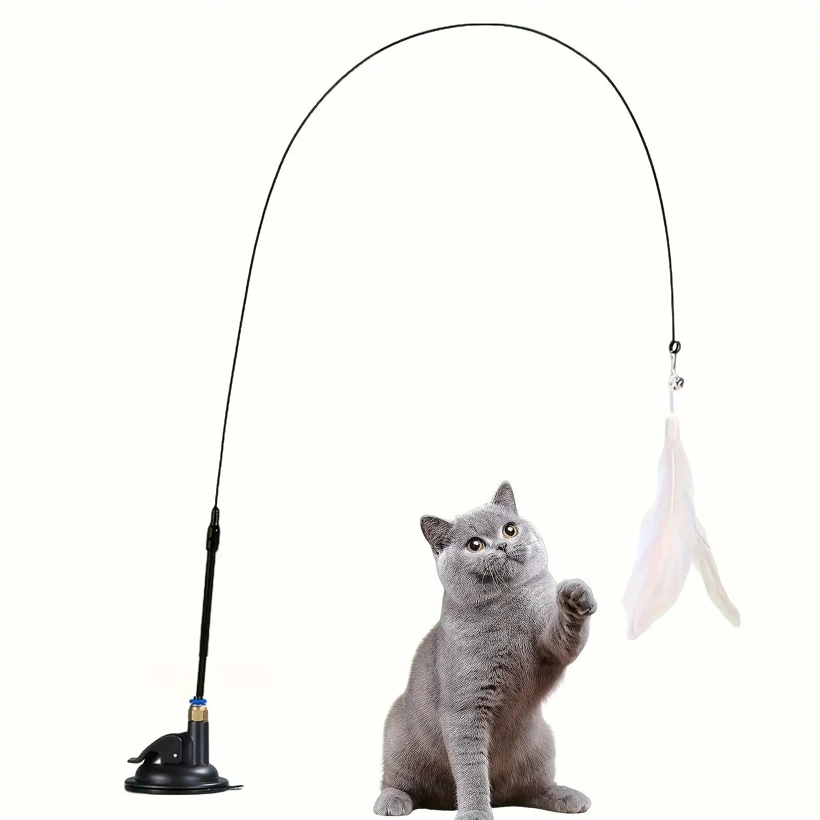 Cat Teaser Toy - Interactive Bell & Feather Wand - Long Suction Cup Pole for Exciting Playtime