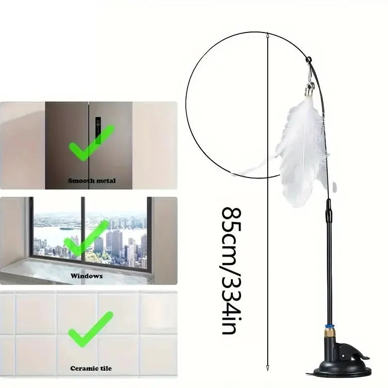 Cat Teaser Toy - Interactive Bell & Feather Wand - Long Suction Cup Pole for Exciting Playtime