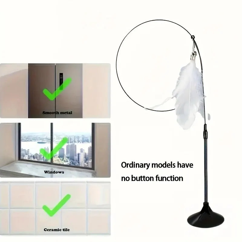 Cat Teaser Toy - Interactive Bell & Feather Wand - Long Suction Cup Pole for Exciting Playtime